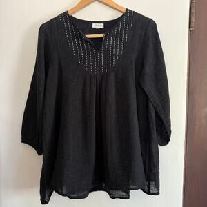 WORLD MARKET Black Sparkle Gauze Stitched split neck boho Blouse small medium